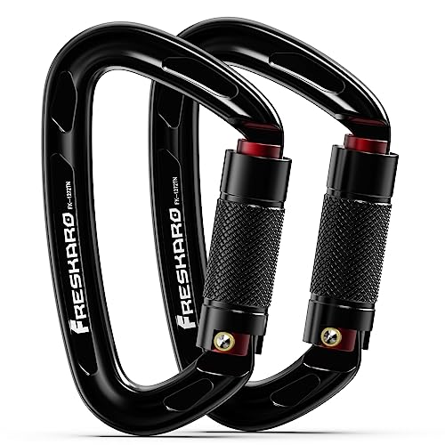 FresKaro Kletter Karabiner, Schraubkarabiner mit Große öffnung, Karabinerhaken Klettern, Carabiner Schwarz Matt, Schraubverschluss Groß, für Hängematte, Feuerwehr, Extra Stark 2550kg, 2 Stücke