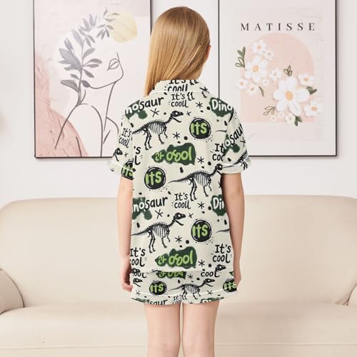 Dinosaur Skull Pattern Summer Satin Pajama Set, Cute Button-Down Sleepwear Pj Set for Sleep Wears4
