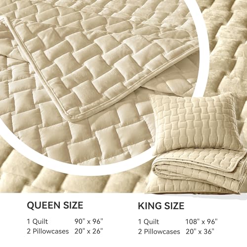 Image of Grassix Velvet Quilt Set King Size, Luxury Geometric Design, Beige | Lightweight Velvet Comforter with 2 Pillow Shams, Soft Bedspread Coverlet, Quilted Bedding Set for All Seasons, 108 inchx96 inch