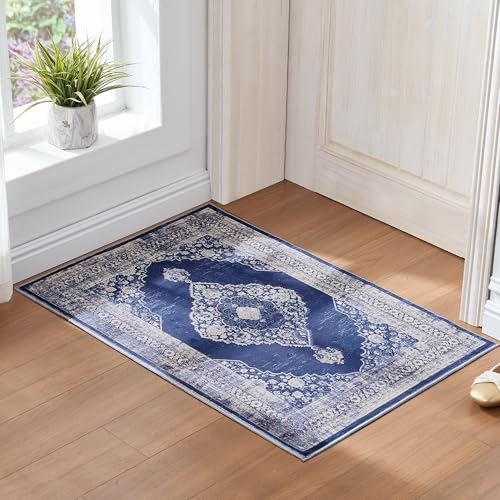 Vintage 2x3 Washable Area Rug, Low-Profile Entryway Rug with Non-Slip Backing & Durable Edge Binding, Pet-Friendly Doormat, Small Rug for Entryway, Kitchen, Living Room