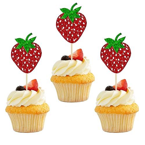 24 Pack Strawberry Cupcake Toppers Glitter Birthday Strawberry Cupcake Picks for Fruit Baby Shower Kids Birthday Summer Berry Cupcake Decorations Party Supplies Red