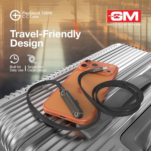 Image of GM G+ FlexStand 100W Type-C-C Cable | Built-in Stand for Portrait & Landscape Viewing | 4.5mm Flat design | 20,000 bend cycles tested Nylon Braided |Laptops,Tablets, Smartphones |1 Year Warranty