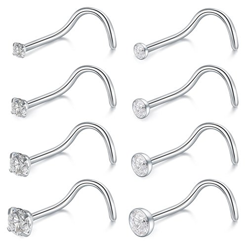 SCERRING 18G 8PCS Stainless Steel Screw Bend Nose Stud Rings Piercing Jewelry 1.5mm 2mm 2.5mm 3mm Clear Cubic Zirconia