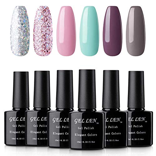 Gellen Gel Nail Polish 6 Colors Set - Glitters and Solid Nail Art Colors Collection, UV LED Soak Off Nail Gel Polish Kit