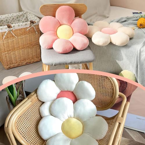 LATRAT Blumenboden Kissen Tatami Blumenförmiges Dekor, Sitzkissen Boden Aesthetic Zimmer Deko Bedroom, Cute Pillow, Plüsch-Bodenkissen für Schlafzimmer, Sofa, Stuhl (Gelb und Rosa, 40 x 40 cm)
