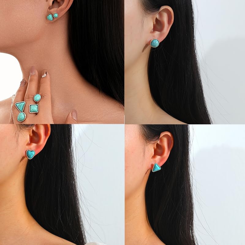 9-20 Pairs Turquoise Stud Earrings for Women Bohemian Western Gemstone Oval Round Flower Square Turquoise Earrings Statement Ethnic Boho Jewelry - Image 2