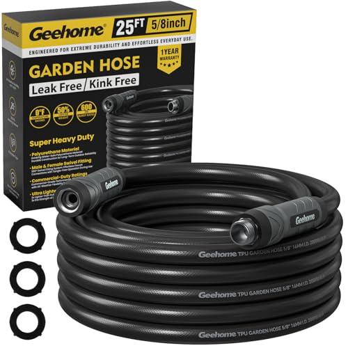 Geehome Heavy Duty Garden Hose 25 ft x 5/8 Polyurethane Water Hose with Swivel Fittings Flexible Lightweight No-Kink Leakproof Burst 600 PSI Black