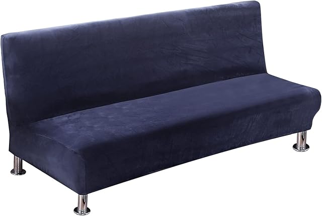 PETCUTE Armless sofa cover stretch futon cover armless folding sofa bed cover velvet Dark blue