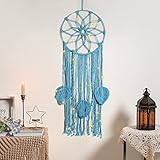 Shinowa Boho Dream Catcher, Cotton Woven Wall Hanging Macrame Dream Catcher with Fairy Lights 3 Leaves, Tassel Macrame Bohemian Decor Creative Home Hangings Boho Ornament Craft Wall Decoration, Blue