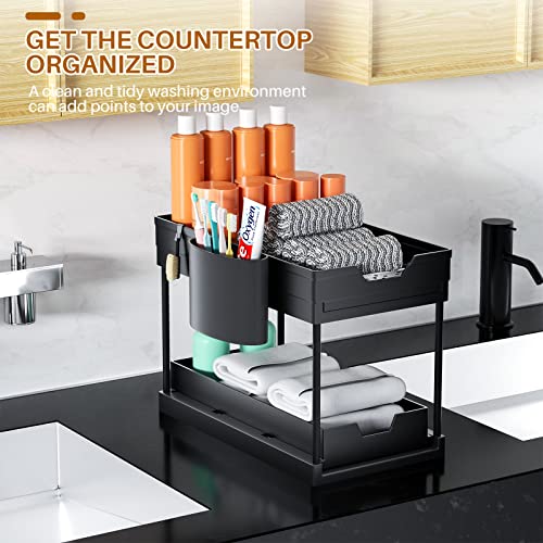 Arstpeoe Double Sliding Under Sink Organizers And Storage,Two Tier Bathroom Storage And Organization,Under Cabinet Organizer With Hooks Hanging Cup,Home Organization,Black #TOP5
