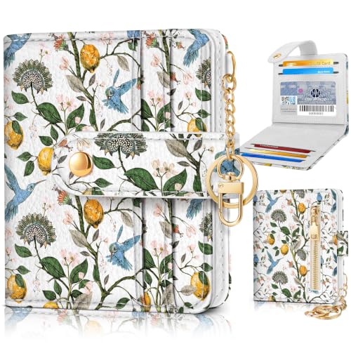 Image of Bistup Small Card Wallet for Women with Keychain, Lemon & Bird | durable material, clear ID window,, compact design for daily carry, sturdy keychain, aesthetic