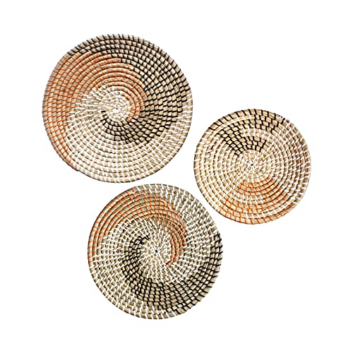 3 Pack Hanging Woven Wall Baskets Rattan Decor Boho Art Handmade Wicker African Small Basket Round Fruit Seagrass Trays Decorative Bowls Plates for Home Bedrooms or Living Room Decor Unique Wall Art