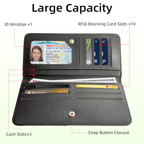 Long Women Wallet, Ultra Slim Thin Wallet for Women, RFID Blocking PU Leather Credit Card Holder, Multi-Card Slots Business Travel Bifold Clutch, Reflection Cat3