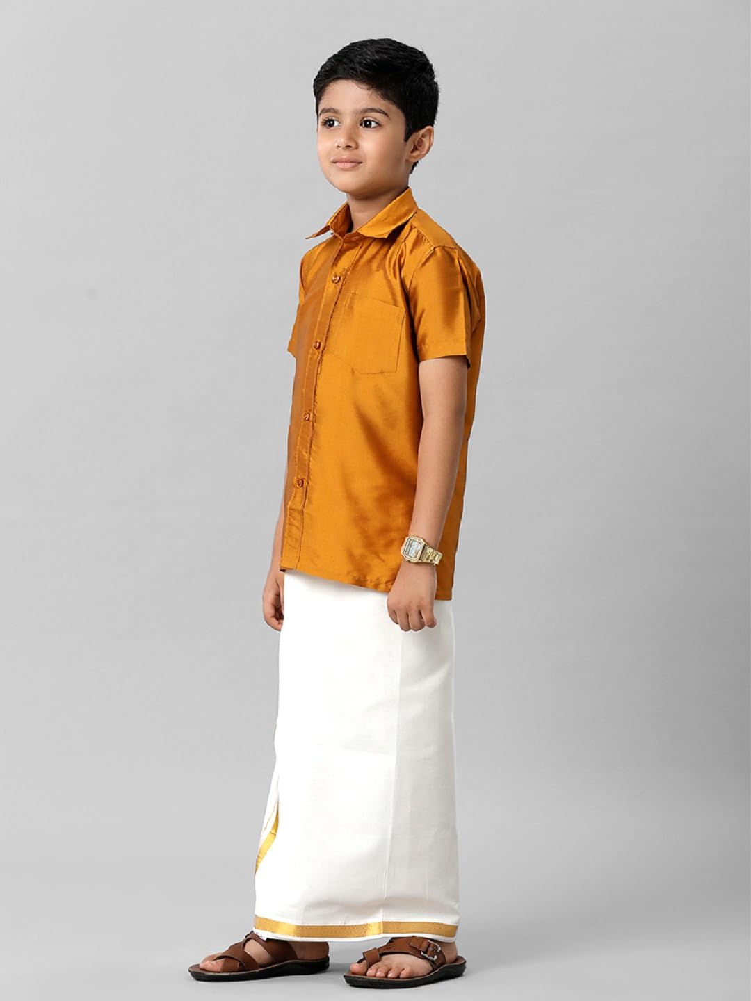 RAMRAJ COTTON Boys Slik Blend Mustard Solid Half Sleeve Shirt with Chest Pocket (Mustard ; 15-16 Years) - Image 4 thumbnail