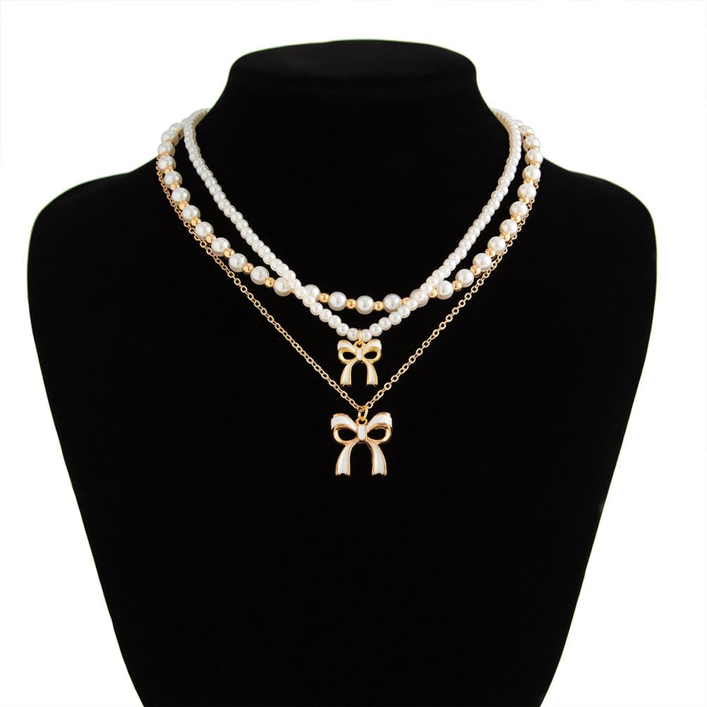 Layered Gold Bow Pearl Necklace for Women Trendy, Charm Boho Enamel Bow Knot Heart Pendant Necklace Dainty Beaded Pearl Choker Necklace Jewelry Gifts - Image 7