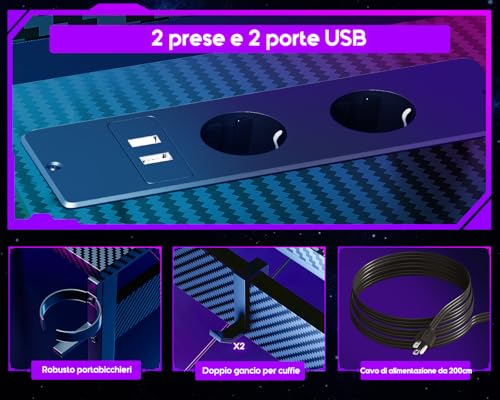 Scrivania Gaming con LED, Scrivania Gaming Angolare con Prese e Porte USB, Supporto per Monitor, Nero Fibra di Carbonio, 129x129 cm - Scrivania Gaming - Immagine 6
