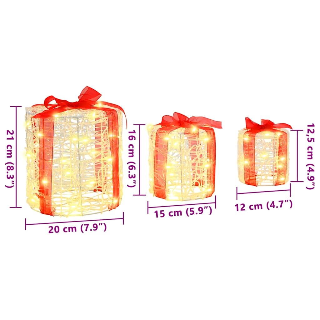 Pudełko na prezent, dekoracja, 3 sztuki, akryl, 20 x 20 x 21 cm, z paskami LED o ciepłej białej barwie, dekoracja bożonarodzeniowa do salonu, biura i na święta