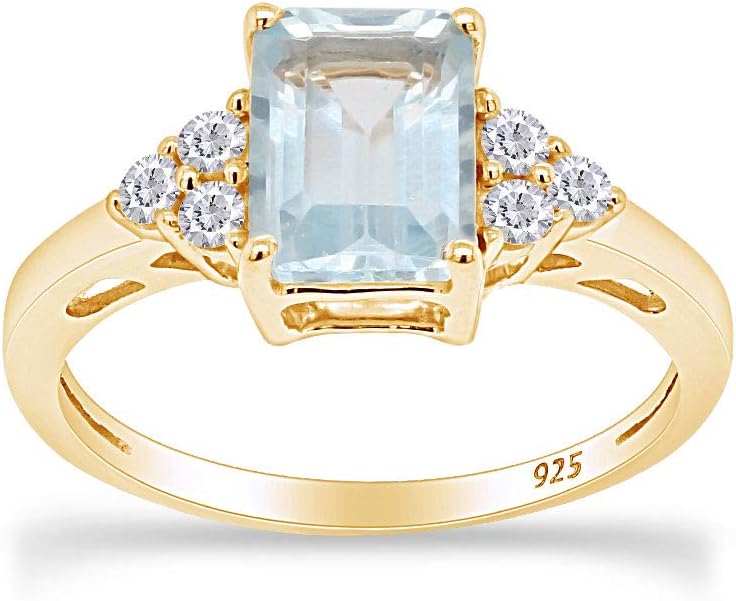 Solitaire Ring for Women 8X6MM Emerald Cut Simulated Blue Aquamarine with White Topaz Engagement Ring in 14K Gold Plated 925 Sterling Silver Jewelry Gift for Her