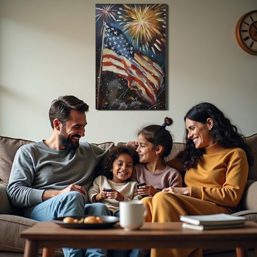 Image of Framed 4th of July Fireworks American Flag Wall Art, Patriotic Impasto Canvas Art Pictures, USA Flag Wall Decor for Living Room Man Cave Bar, Ready to Hang Made in USA