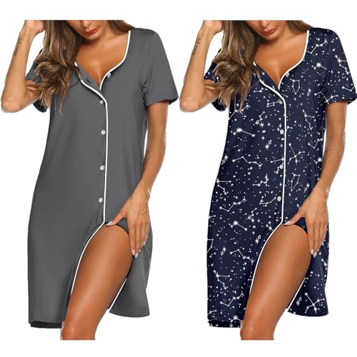 Image of Ekouaer Nightgowns for Women 2 Pack Button Down Sleepshirt Short Sleeve Nightshirt Soft Sleepwear V Neck Pajama Dress