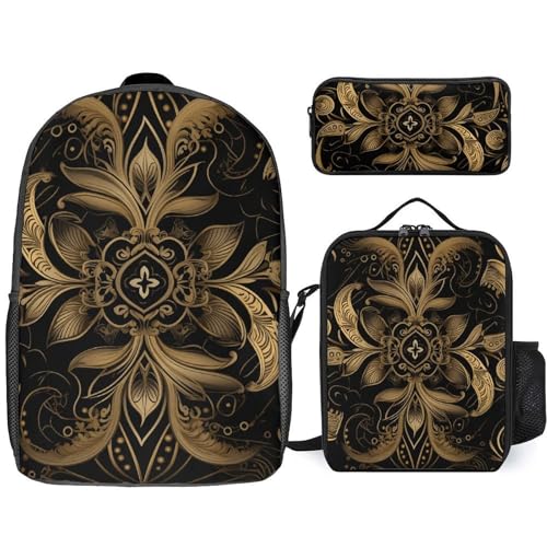 3 Piece Backpack for Women Men Lightweight Causal Daypack Shoulder Bag Set with Insulated Lunch Bag And Pencil Case Organizers Black And Golden Pattern - Main Image