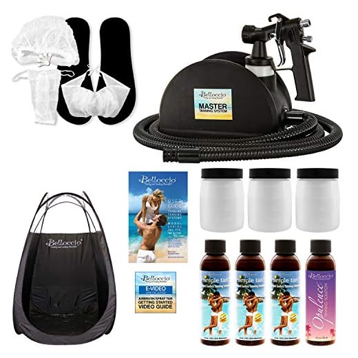 Belloccio Master T95 High Performance Sunless Turbine Spray Tanning System; 4 Solution Variety Pack with Opulence & 8, 10, 12% DHA Simple Tan, Tent, Accessories & User Guide Video Link