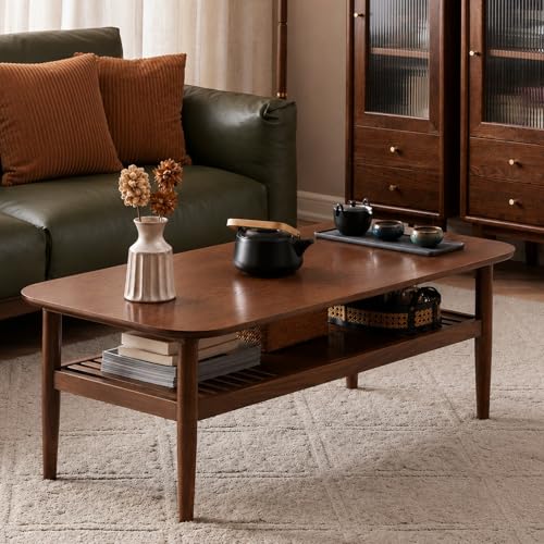 Image of Oak Solid Wood Coffee Table for Living Room 2-Tier Modern&Mid CenturyTabe for Tea and Coffee with Shelf Storage Sets (Walnut, 39.37 inch x 22.0 inch x 17.3 inch)