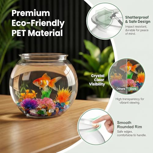 1 Gallon Round Plastic Fish Bowl Set, Crystal Clear Plastic Aquarium for Fish with 5 Decorative Plants and 8.8oz Colorful Stones, Small Fish Tank for Home Decoration - Image 5