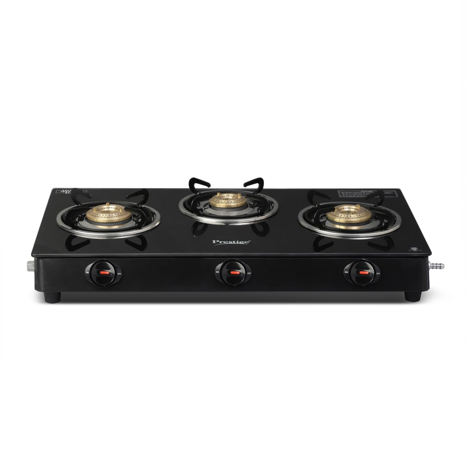 Prestige Iris 3 Burner Gas Stove | Toughened Glass Top | Tri-Pin Brass Burners | Ergonomic Knob | Black | 2Y Warranty | ISI Certified