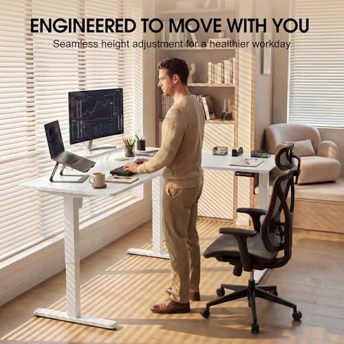 Image of Furmax 63 x 47 Inch L Shaped Standing Desk with 2 Preset Heights, Electric Height Adjustable Computer Desk, Corner Sit Stand Desk for Home Office, 2 Hooks & Feet Balance (White, 63 x 47 Inch)