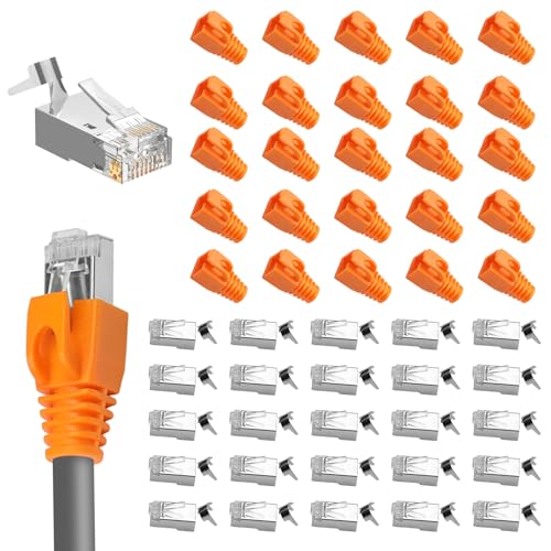 25 Stk RJ45 Stecker CAT 7 CAT 6A,netzwerkstecker cat7 mit Einf&auml;delhilfe und Knickschutz,lan stecker f&uuml;r Verlegekabel AWG23 POE,Modularstecker Cat7 Crimpstecker f&uuml;r Switch/TV/PS4/ADS /Modem/Router/PC