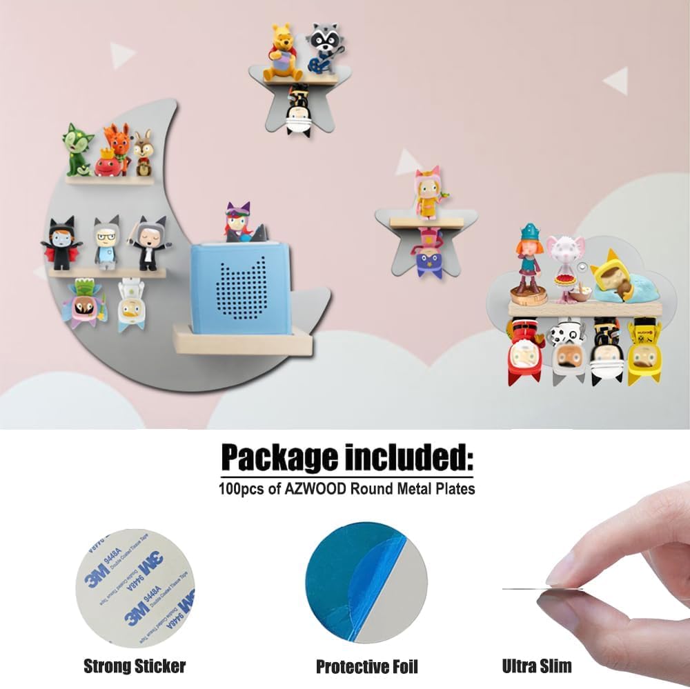 Lot de 100 plaques métalliques pour figurines Tonie, base adhésive pour aimants, disques métalliques en acier inoxydable avec colle, accessoires pour figurines Tonie - Décorez la chambre d'enfant avec
