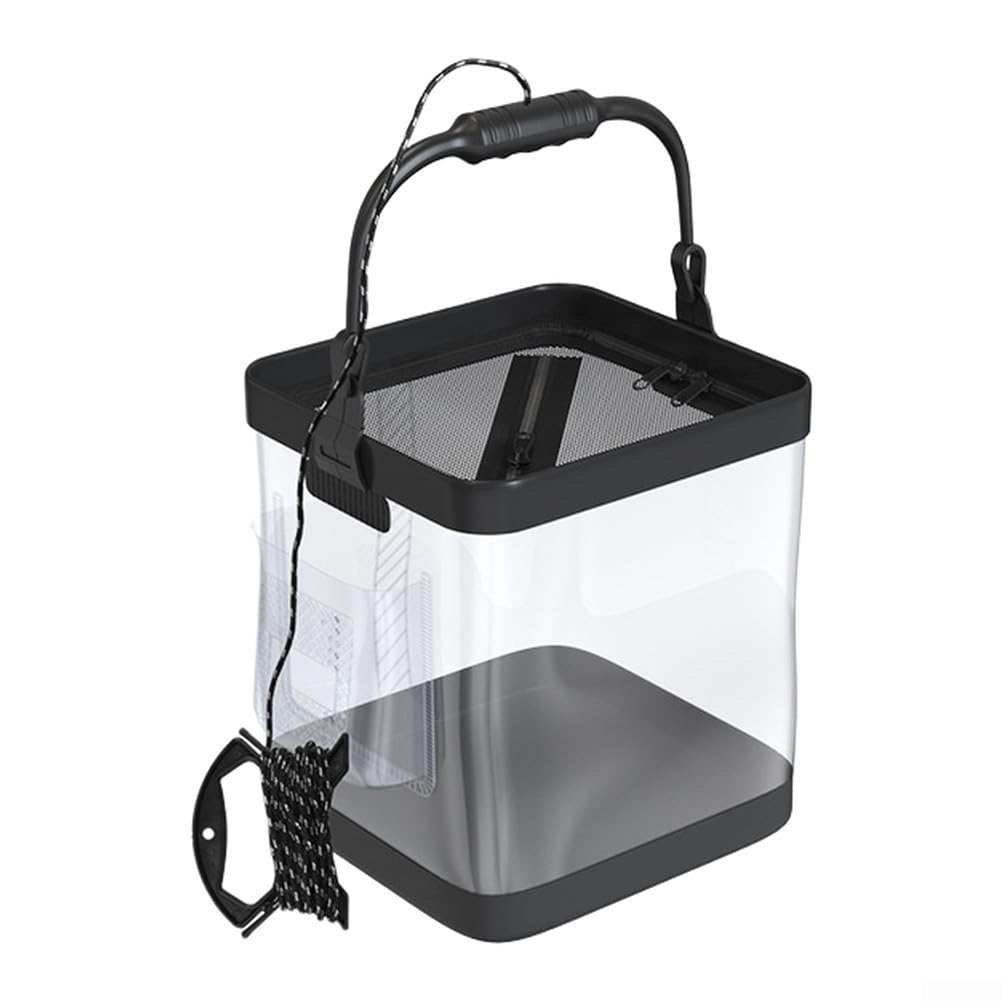Foldable Transparent Live Fish Bucket With Oxygen Pump Pocket, Anti Escape Net Cover, Portable Collapsible Fishing Pail For Freshwater And Saltwater, Black, 19x19x19cm(E)