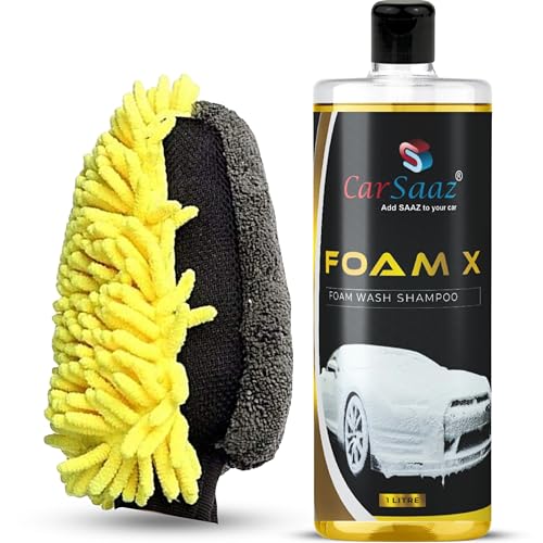 Image of CAR SAAZ Foam X Car & Bike Wash Foam Shampoo (1 LTR) with Waterproof Microfiber Mitt Hand Glove | Premium Foam Shampoo for Super Clean Wash | pH Neutral, Thick Suds, Highly Effective (1000 ml)