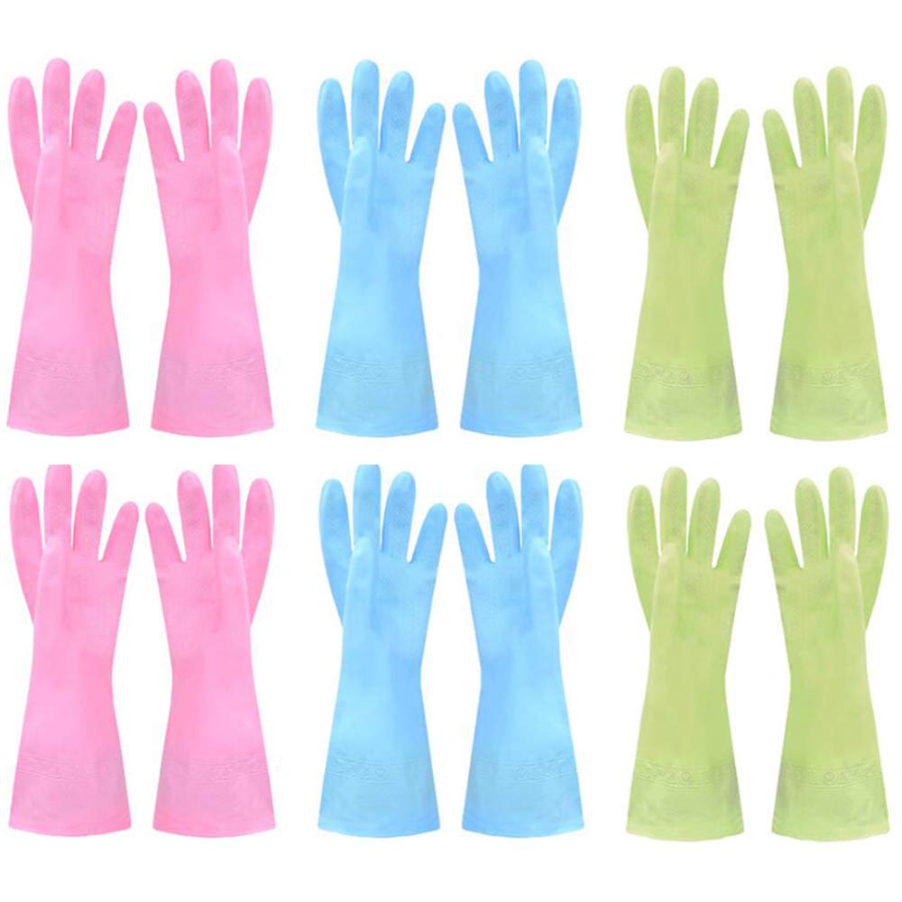 Dishwashing Rubber Gloves Non-Slip Household Laundry Kitchen Cleaning Gloves Reusable PU Waterproof Latex Gloves for Women and Men (Large, 6 Pairs) Pink 2 Pairs Blue 2 Pairs Green 2 Pairs