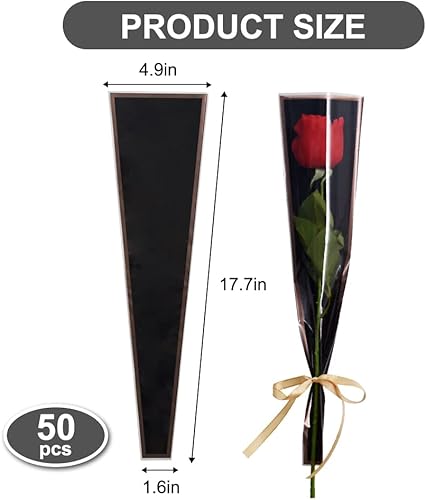 Miniatura 2 de BEISHIDA 50 bolsas de plástico para envolver flores de celofán, para suministros de ramo de floristería, Día de la Madre, Día de San Valentín (negro