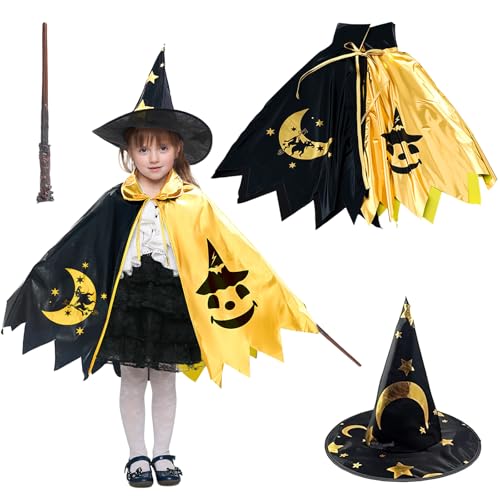 Dwafill Wizard Costume Children Adults, Wizard Cape, Magic Cape, Costume Wizard Hat Child, Witch Cape, Gift Box Christmas, for Halloween Carnival Costume Parties (Black/Gold, M)