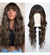 Esmee Long Curly Brown with Copper Highlight Wigs with Bangs,Wig for Women Wig Synthetic Hair Wig...