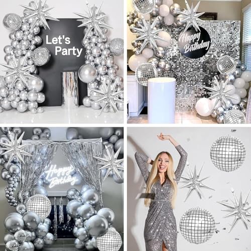 Image of 7 pcs 22Inch Silver Disco Ball Ballons, 4D Large Foil Balloons with Metallic Star for 70s Disco Dance Birthday Graduation New Year (Silver Star /Disco Ball 7pcs)