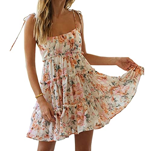 Image of kinstell Women's Boho Spaghetti Strap Ruffle Square Neck Bowknot Backless Sleeveless Elegant Flowy Mini Short Skater Dresses