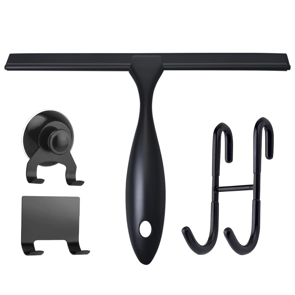 Generic 12'' Light Weight Stainless Steel Squeegee for Glass Door with 4 Pieces Set (1 Squeegee, 1 Door Hook and 2 Adhesive Hooks) (Black)