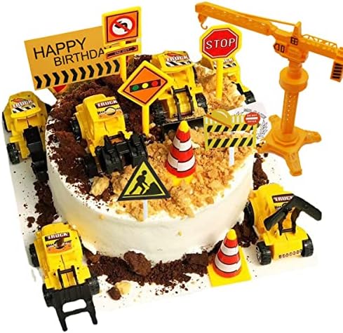 Nevperish 18 PCS Construction Cake Toppers Vehicles Cake Decoration Set Excavator Tower Crane Cupcake Topper Traffic and Road Sign Decor Happy Birthday Party Supplies Favors for Kids Boys