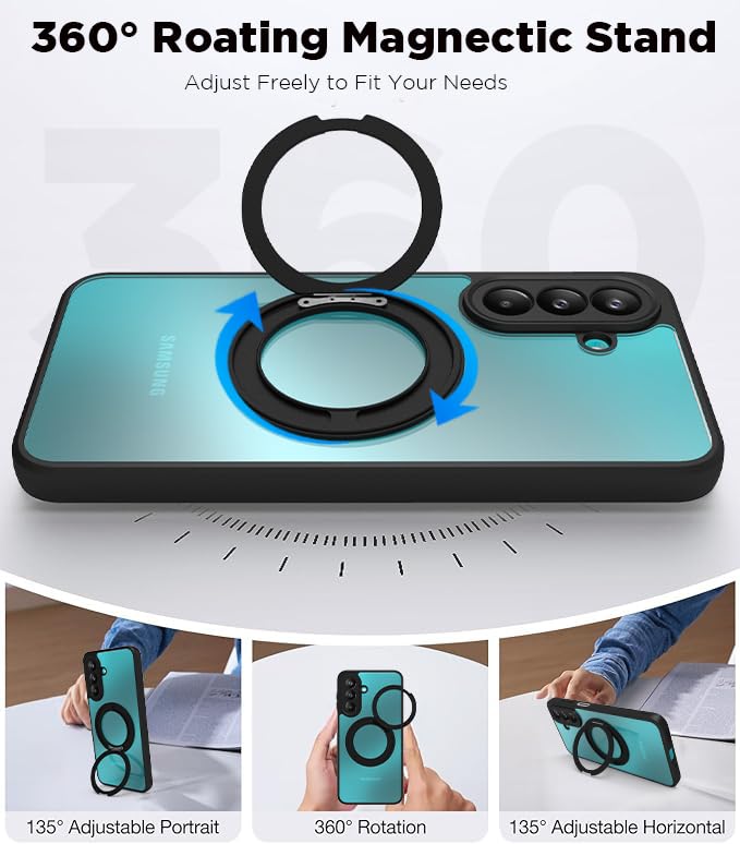 Image of RIGGEAR Shockproof Sleek Hybrid Armor 360 Rotating Magnetic Ring Stand Back Cover Case Compatible with MagSafe Accessories for Samsung Galaxy M47 5G (Clear PC + Black TPU Bumper)