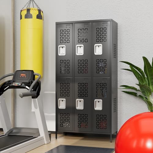 Image of Aobabo Upgrade Metal Storage Locker for Employees, 6 Doors Steel Storage Locker with Air Hole for Office Gym School, Industrial Storage with Hooks, Black, Assembly Required
