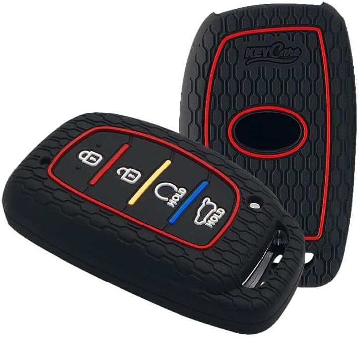 Keycare® Silicone Key Cover Compatible for Alcazar and Creta 2021 with 4 Button Smart Key (Black with Red/Black Full Leather Keyholder)