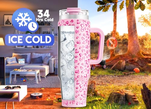 Image of Meoky 40 oz Tumbler with Handle and Straw, Insulated Tumbler with Lid and Straw, Stainless Steel Travel Mug, Keeps Cold for 34 Hours, 100% Leak Proof, Fits in Car Cup Holder (Love)