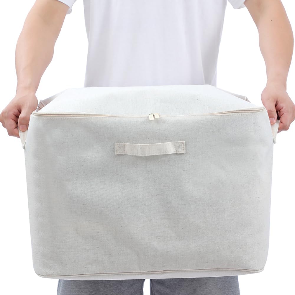 60L Clothes Storage Bag, 17.7 x 13.8 x 11.8 inches, Standing Upright Linen Fabric Closet Organizers and Storage for Comforter, Blanket, Quilt, Sweater, Foldable Zipper Container, 2 Carrying Handles,