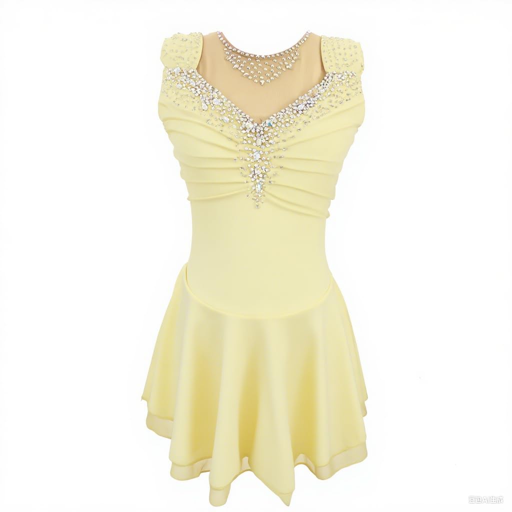 LIUHUO Ice Figure Skating Dress Girls' Sleeveless Yellow Competition Elegant Handmade Crystal Womens