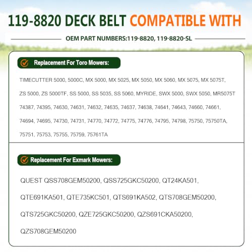 Image of 119-8820 Deck Belt 1 /2 inchx141.5 inch Replacement for Toro Exmark Aramid Cord | Fits mowers for Toro TimeCutter 50 inch SS5000 MX5000 MX5060 74630 74632 and for Exmark Quest zero turn mowers