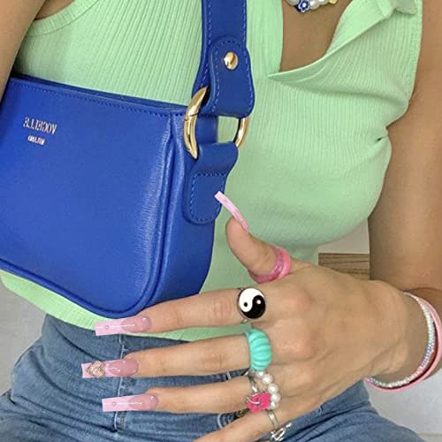 Qingge French Tip Press On Nails Long Coffin Fake Nails 3D Heart Glue On Nails Pink Rhinstone Pearl Acrylic Nails Tips Valentine Ballerina False Nails With Design Luxury Stick On Nails For Women #TOP4